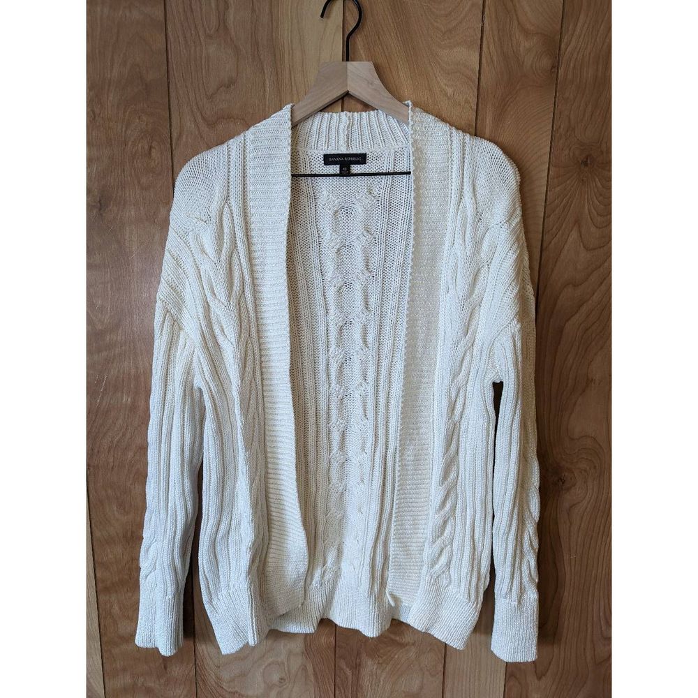Banana Republic Chunky Knit Cardigan Open Front Neutral 100% Cotton White XS - Picture 2 of 8